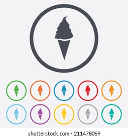 Ice Cream in waffle cone sign icon. Sweet symbol. Round circle buttons with frame. Vector