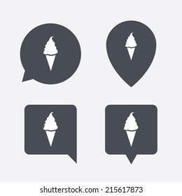 Ice Cream in waffle cone sign icon. Sweet symbol. Map pointers information buttons. Speech bubbles with icons. Vector