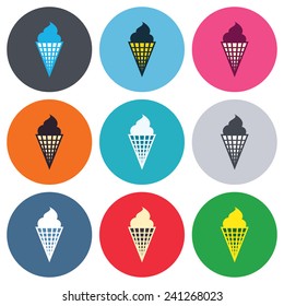 Ice Cream in waffle cone sign icon. Sweet symbol. Colored round buttons. Flat design circle icons set. Vector