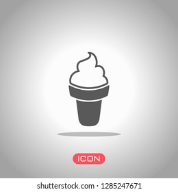 Ice cream in waffle cone. Simple icon. Icon under spotlight. Gray background