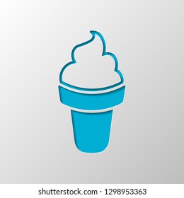 Ice cream in waffle cone. Simple icon. Paper design. Cutted symbol with shadow