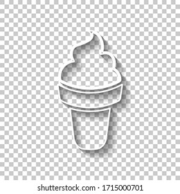 Ice cream in waffle cone. Simple icon. White outline sign with shadow on transparent background