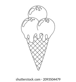 Ice cream in waffle cone simple outline vector illustration. Doodle style sundae