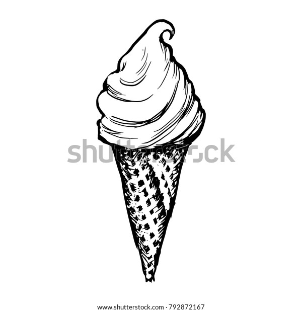 アイスクリームワッフルコーンスケッチ 白い背景に手描きのアイスクリームアイコンベクターイラスト 黒いソフトサーブ氷の夏のデザートを彫る のベクター画像素材 ロイヤリティフリー