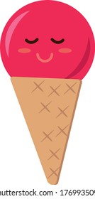 ice cream in a waffle cone with a smile. single element in vector flat style, sweet dessert cartoon character face