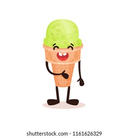 Ice cream in waffle cone with smiling face, funny humanized dessert cartoon character vector Illustration on a white background