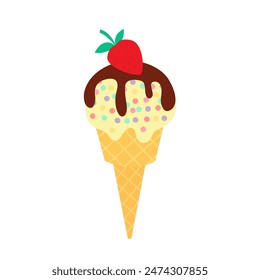 Ice cream in waffle cone with sprinkles and strawberry vector flat illustration