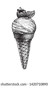 Ice cream in a waffle cone, with strawberries. Natural products and healthy lifestyle, delicious products, a set of templates for menu design, restaurants and catering. Hand-drawn images