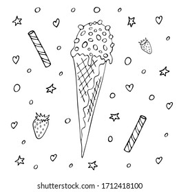Ice cream in a waffle cone, strawberries, wafer rolls. Hand drawn with a black line. Coloring. Image for your decor and design. Stock vector illustration. Isolated objects on a white background.