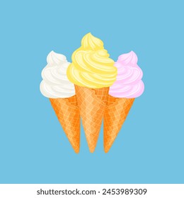 Ice cream in waffle cone. Strawberry, lemon and vanilla ice cream. Vector cartoon illustration of sweet dessert.