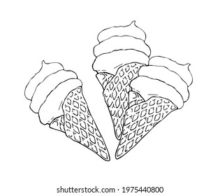 Ice cream in a waffle cone. Summer menu. Vector on a white background.