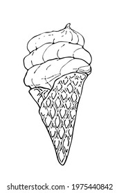 Ice cream in a waffle cone. Summer menu. Vector on a white background.