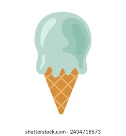 Ice cream in waffle cone. Summer sweet food or desserts theme. Vector illustration isolated on white background. 