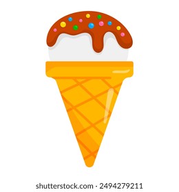 Ice cream in a waffle cone. Summer sweetness isolated on white background. Vector illustration.