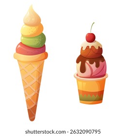 Ice cream in a waffle cone with summer flavors and ice cream in a cup