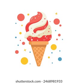 Ice cream in waffle cone. Summertime, hello summer. Sweet cooling dessert. Flat vector illustration isolated on white.