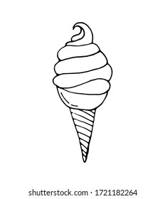 Ice cream in a waffle cone. Sweet ice cream with vanilla icing. Vector isolated illustration with ice cream on a white background. Sweets-Doodle style. Printing on dishes, paper. Cafe menu design.