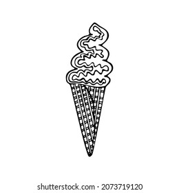 Ice cream in a waffle cone. Sweet cold dessert. Element for decorating a fun party. Hand drawn line vector illustration in doodle style.