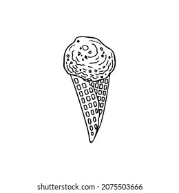 Ice cream in a waffle cone. Sweet cold dessert. Element for decorating a fun party. Hand drawn line vector illustration in doodle style.