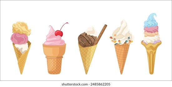 Ice cream in waffle cone sweet summer delicacy snack menu assortment isolated on white background