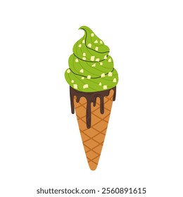 Ice cream in waffle cone. Sweet dessert with chocolate and matcha flavor. Matcha ice cream. Flat illustration for menu, poster, food blog, recipe.