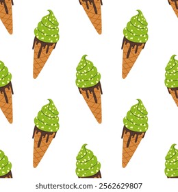 Ice cream in waffle cone. Sweet summer dessert. Matcha ice cream. Seamless pattern for textile, wrapping paper, background.