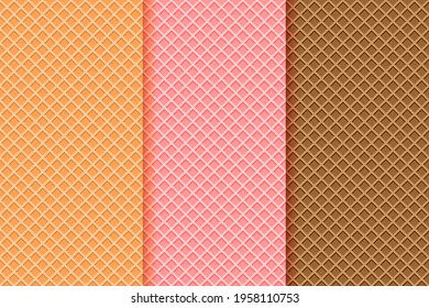 Ice cream waffle cone textures set. Seamless patterns with different wafer backgrounds, vanilla, strawberry, chocolate. Vector flat cartoon illustration.