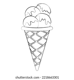 Ice cream in a waffle cone with a thin line. Vector on a white background.