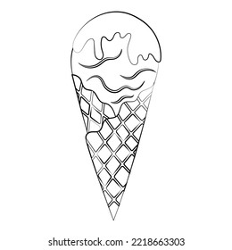 Ice cream in a waffle cone with a thin line. Vector on a white background.