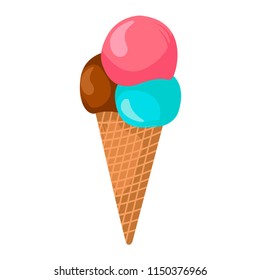 Ice cream in a waffle cone. Three balls of ice cream. Vector illustration.