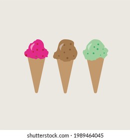 Ice cream in a waffle cone. Three ice creams with different colors of cream.Vector illustration.