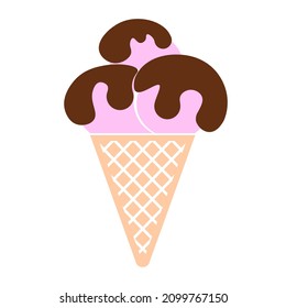 Ice cream in a waffle cone with three chocolate balls in icon color. Vector illustration isolated on white background.