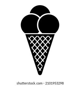 Ice cream in a waffle cone with three balls vector icon in black and white color isolated on white background