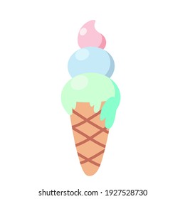 Ice cream in a waffle cone turquoise, blue and pink balls. Cartoon flat style.