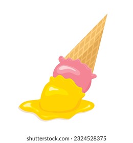 ice cream in a waffle cone upside down and melting - vector illustration- vector illustration