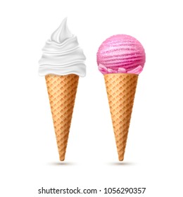 Ice cream in waffle cone with vanila and strawberry flavor. Realistic sweet dessert food, tasty icecream with candy whipped cream. 3d summer party, beach tropical vacation symbol, Vector illustration