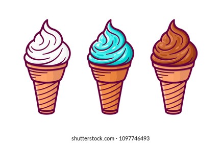 Ice cream in the waffle cone with vanilla, chocolate and pistachio taste isolated on white background. Set of vector flat outline icons. Cute cartoon style illustration for product design