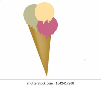 Ice Cream in Waffle Cone with Vanilla Strawberry Pistachio Flavor. Realistic Sweet Dessert Food, Tasty Icecream Melted cream. Summer Party, Beach Hot Tropical Vacation Symbol. Flat Vector illustration