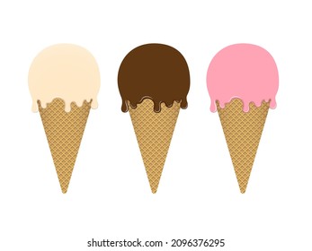 Ice cream in the waffle cone with vanilla, chocolate and strawberry taste isolated on white background