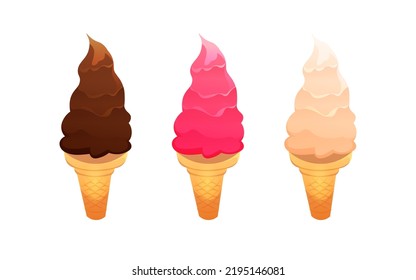 Ice cream in a waffle cone with vanilla, chocolate and strawberry flavors, isolated on a white background. Cute cartoon style illustration for product design