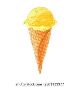 Ice cream in waffle cone. Vanilla sundae Gelato with assorted balls of citrus, strawberry, mint, chocolate, lavender. Color watercolor Vector illustration. Isolated objects on a white background