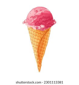 Ice cream in waffle cone. Vanilla sundae Gelato with assorted balls of citrus, strawberry, mint, chocolate, lavender. Color watercolor Vector illustration. Isolated objects on a white background