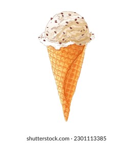 Ice cream in waffle cone. Vanilla sundae Gelato with assorted balls of citrus, strawberry, mint, chocolate, lavender. Color watercolor Vector illustration. Isolated objects on a white background