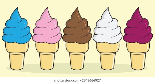 Ice cream in the waffle cone with vanilla, chocolate Strawberries, grapes and blue ocean taste isolated on white background. Set of vector flat outline icons. Cute cartoon style illustration.