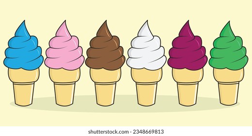 Ice cream in the waffle cone with vanilla, chocolate Strawberries, grapes, green tea and blue ocean taste isolated on white background. Set of vector flat outline icons. 