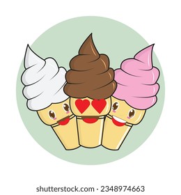 Ice cream in the waffle cone with vanilla, strawberry and chocolate taste isolated on white background. Set of vector flat outline icons. Cute cartoon style illustration for product design.