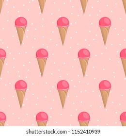 Ice cream in waffle cone vector illustration. Flat style seamless pattern in soft summer colours
