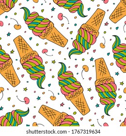 Ice cream in a waffle cone vector seamless pattern. Ice cream cherry seamless texture. Hand drawn. Textiles, packaging, wrapping paper, wallpaper design. Isolated objects. Delicious summer dessert