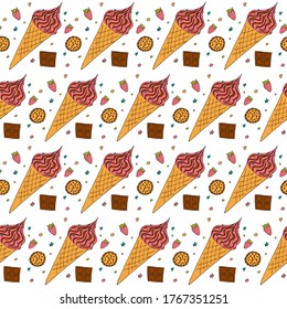 Ice cream in a waffle cone vector seamless pattern. Ice cream strawberry, cookies and chocolate seamless texture. Hand drawn. Textiles, packaging, wrapping paper, wallpaper design. Isolated object.
