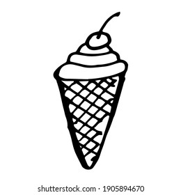 ice cream in a waffle cone. Vector icon flat outline. Cartoon style illustration for sticker and T-shirt design